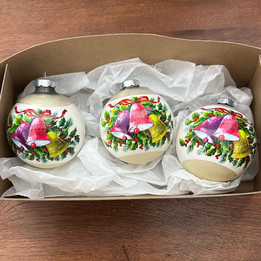 Vintage Christmas Ornaments (3) - Shrink Wrap Holly Berries & Bells